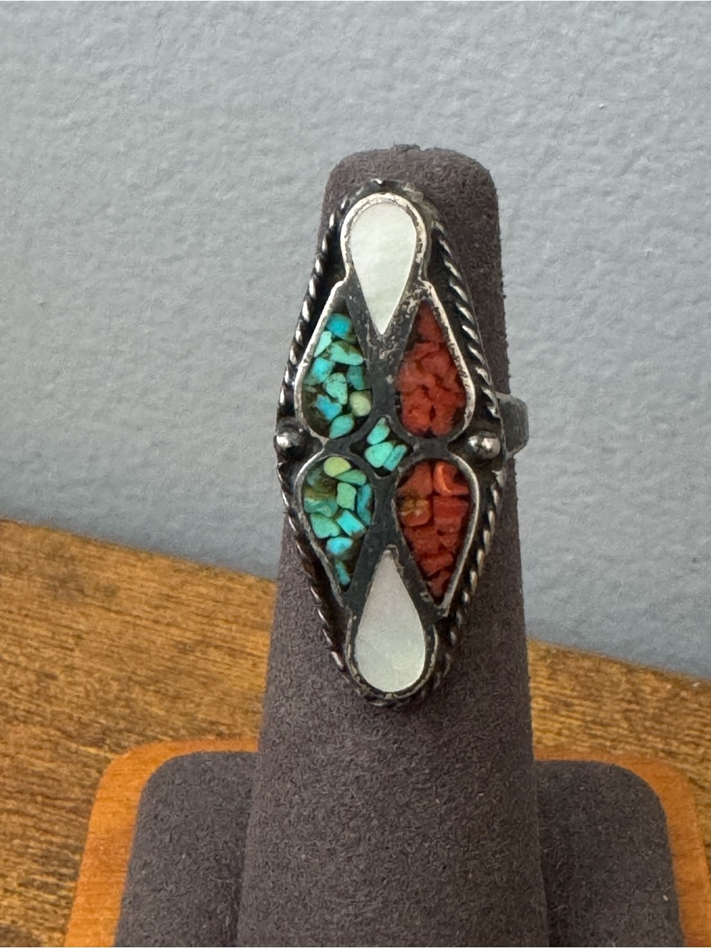 Vintage Southwestern Silver Turquoise Coral Shell Inlay Ring Size 5 Handmade
